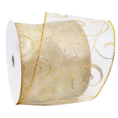 Morex Ribbon Wired Swirl Sheer Glitter Ribbons, Holiday Ribbon for Crafts and Christmas Decorations, Gift Wrapping, 4" x 25 yd, Ivory/Gold