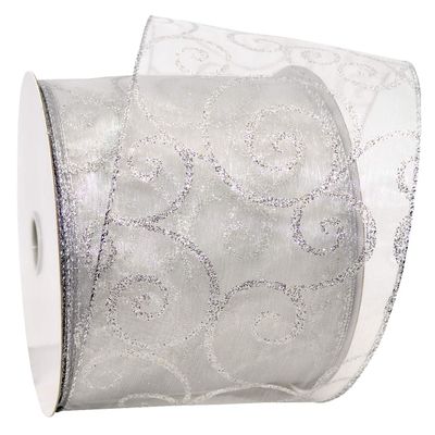 Morex Ribbon Swirl Wired Sheer Glitter Ribbon, 4-Inch by 25-Yard Spool, White/Silver