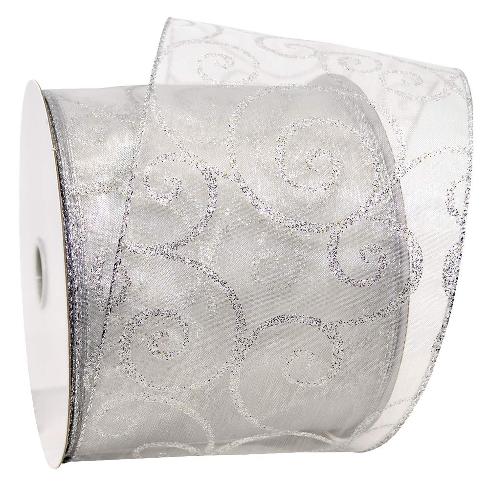 Morex Ribbon Swirl Wired Sheer Glitter Ribbon, 4-Inch by 25-Yard Spool, White/Silver