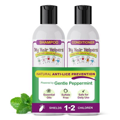 My Hair Helpers Anti Lice Prevention Shampoo and Conditioner Set for Kids, Mint, Neem, Rosemary, Daily Defense, Works on 1-2 Children, 8 Ounces Each
