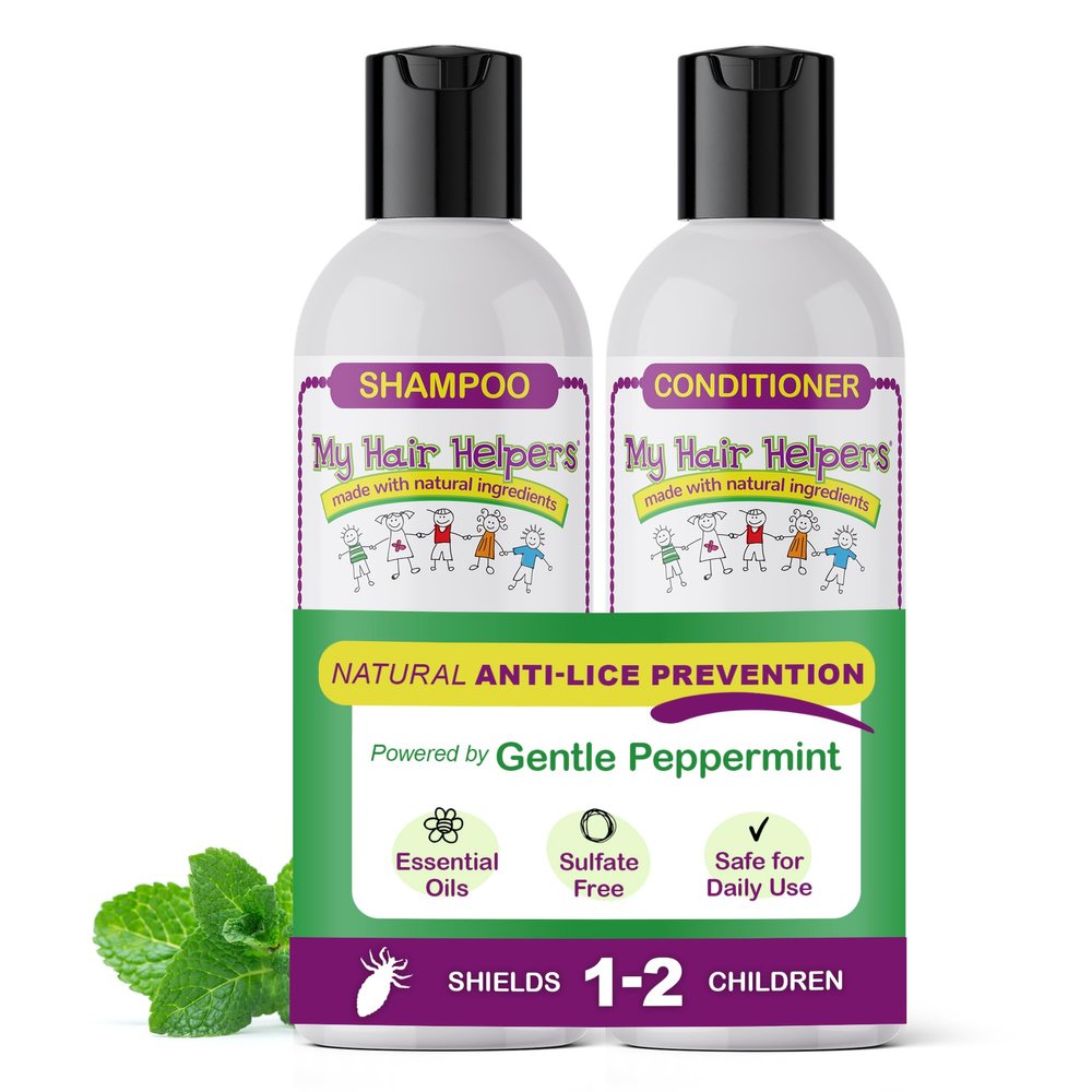 My Hair Helpers Anti Lice Prevention Shampoo and Conditioner Set for Kids, Mint, Neem, Rosemary, Daily Defense, Works on 1-2 Children, 8 Ounces Each