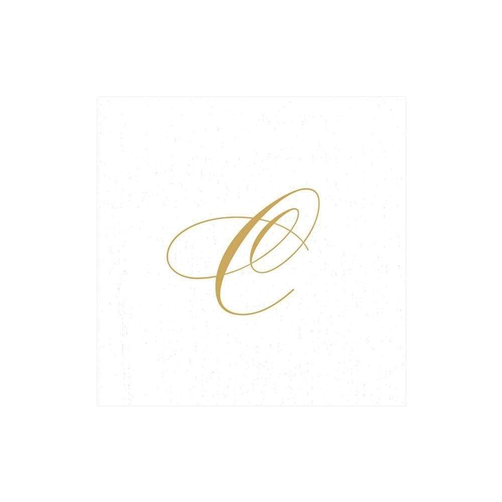 Caspari White Pearl & Gold Paper Linen Boxed Cocktail Napkins in Letter C - Three Packs of 30
