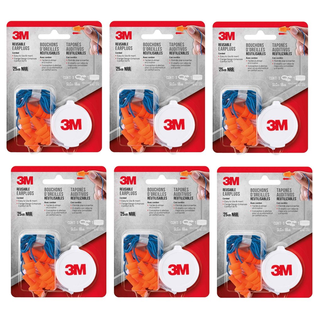 3M 90716-80025T Corded Reusable Earplug, 3-Pair with Case (6)