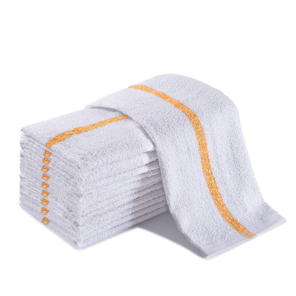 Groko Textiles Universal Cleaning Towels, Gold Striped-White Bulk 60 Pack, 16 X 19 100% Cotton Fully Bordered Commercial Grade Terry Weave Cloth Bar Mops for Everyday Restaurant or Home Use