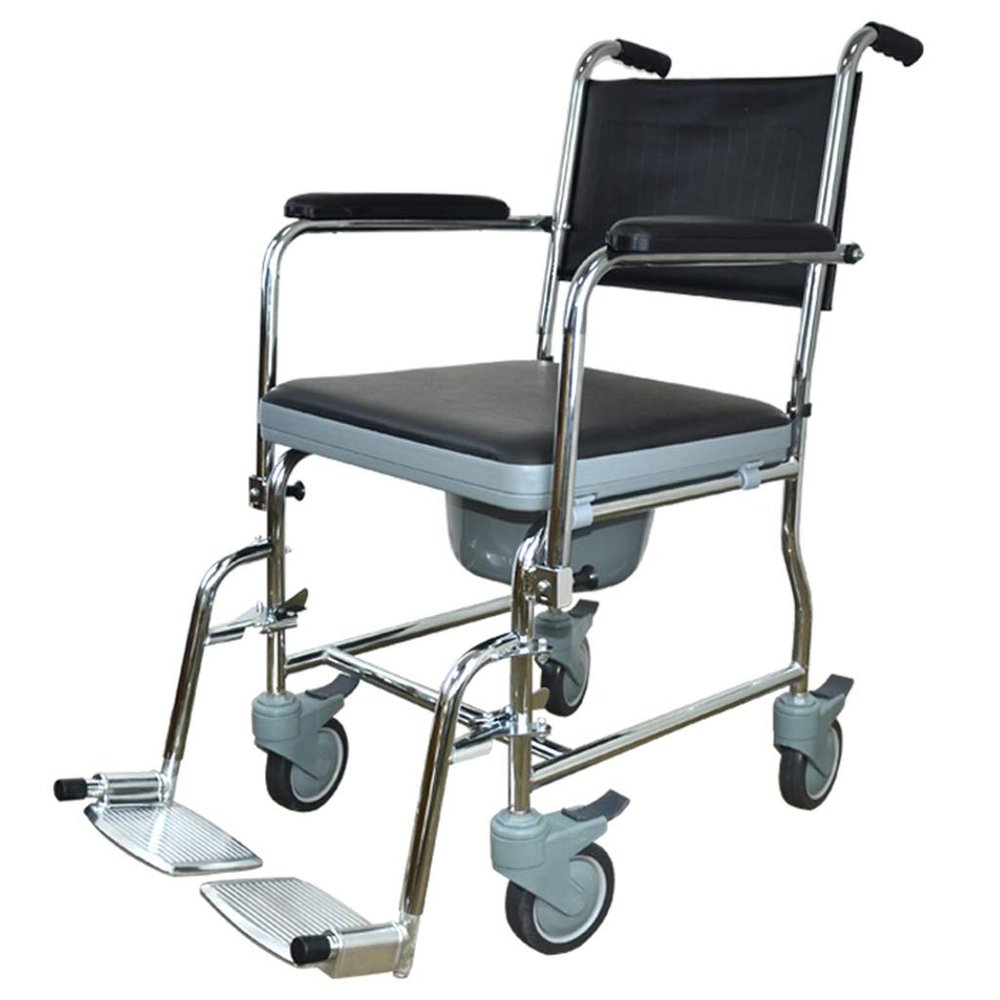 Wheeled Stainless Steel Commode Chair with Padded Seat, Brakes and Footrests,Elderly Bathroom Toilet Stool Safety/Non-Slip