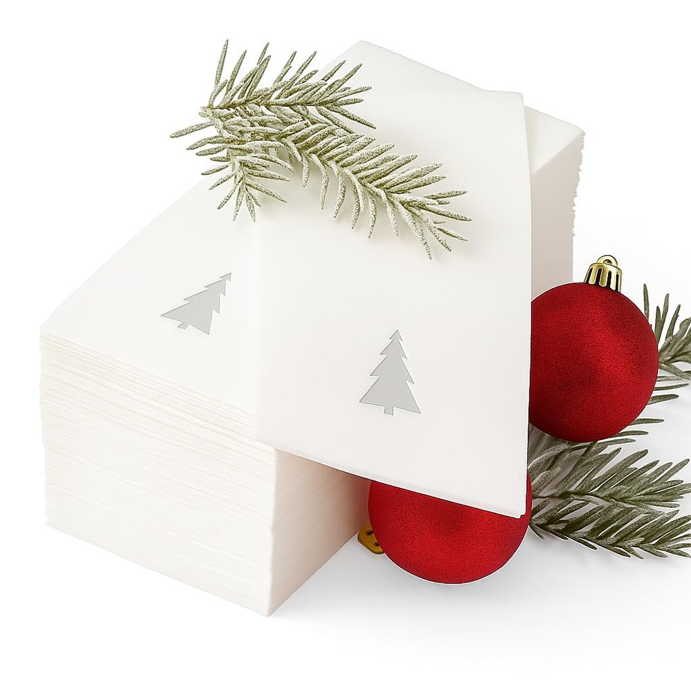 By Madee: 50 Pack Premium Christmas Napkins Disposable | Disposable Hand Towels for Bathroom | Linen Like Elegant Holiday Napkins for Unforgettable Celebrations | Made in Airlaid Paper (Silver Tree)