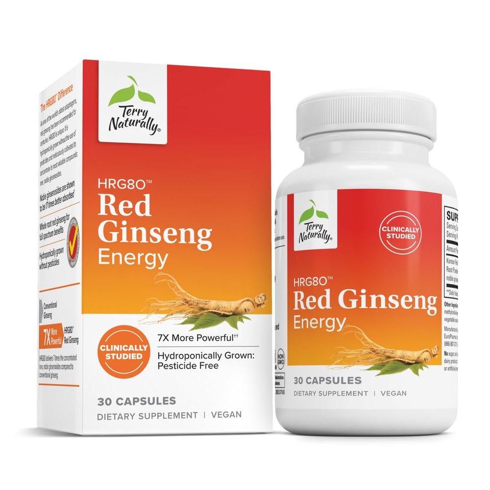 Terry Naturally HRG80 Red Ginseng Energy - Supplement to Support Healthy Energy & Focus - Herbal Supplement with Korean Red Ginseng Root Powder - Vegan Tablets to Aid Healthy Endurance - 30 Capsules