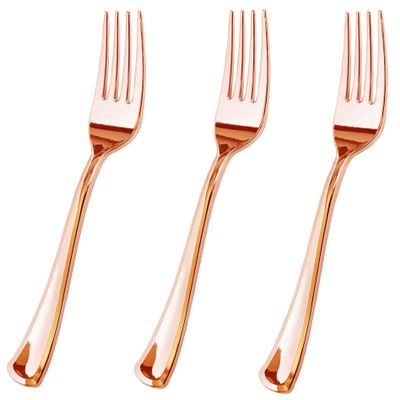 100 Piece Rose Gold Plastic Forks Set - Reusable & Recyclable - Rose Gold Plastic Forks for Weddings, Anniversaries, Showers, Parties - Elegant and Sturdy Utensils by JL Prime