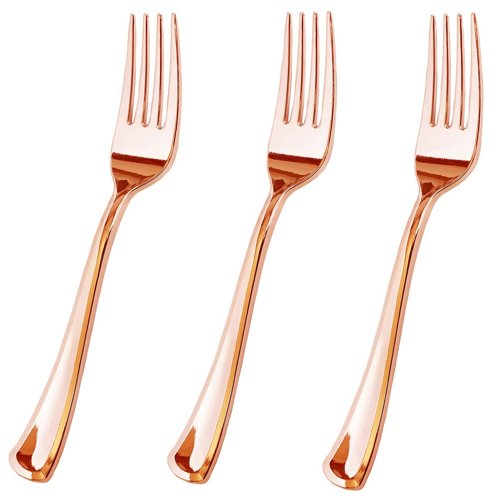 100 Piece Rose Gold Plastic Forks Set - Reusable & Recyclable - Rose Gold Plastic Forks for Weddings, Anniversaries, Showers, Parties - Elegant and Sturdy Utensils by JL Prime