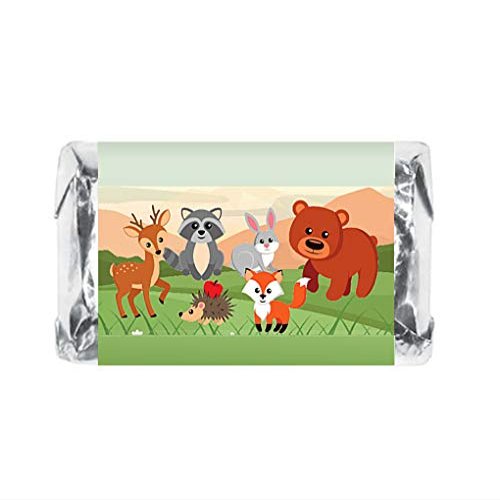 60 Forest Animals Miniatures Candy Bar Wrapper Decorations, Woodland Creatures Mini Candy Bar Stickers for Baby Shower or Birthday Party. Made in USA