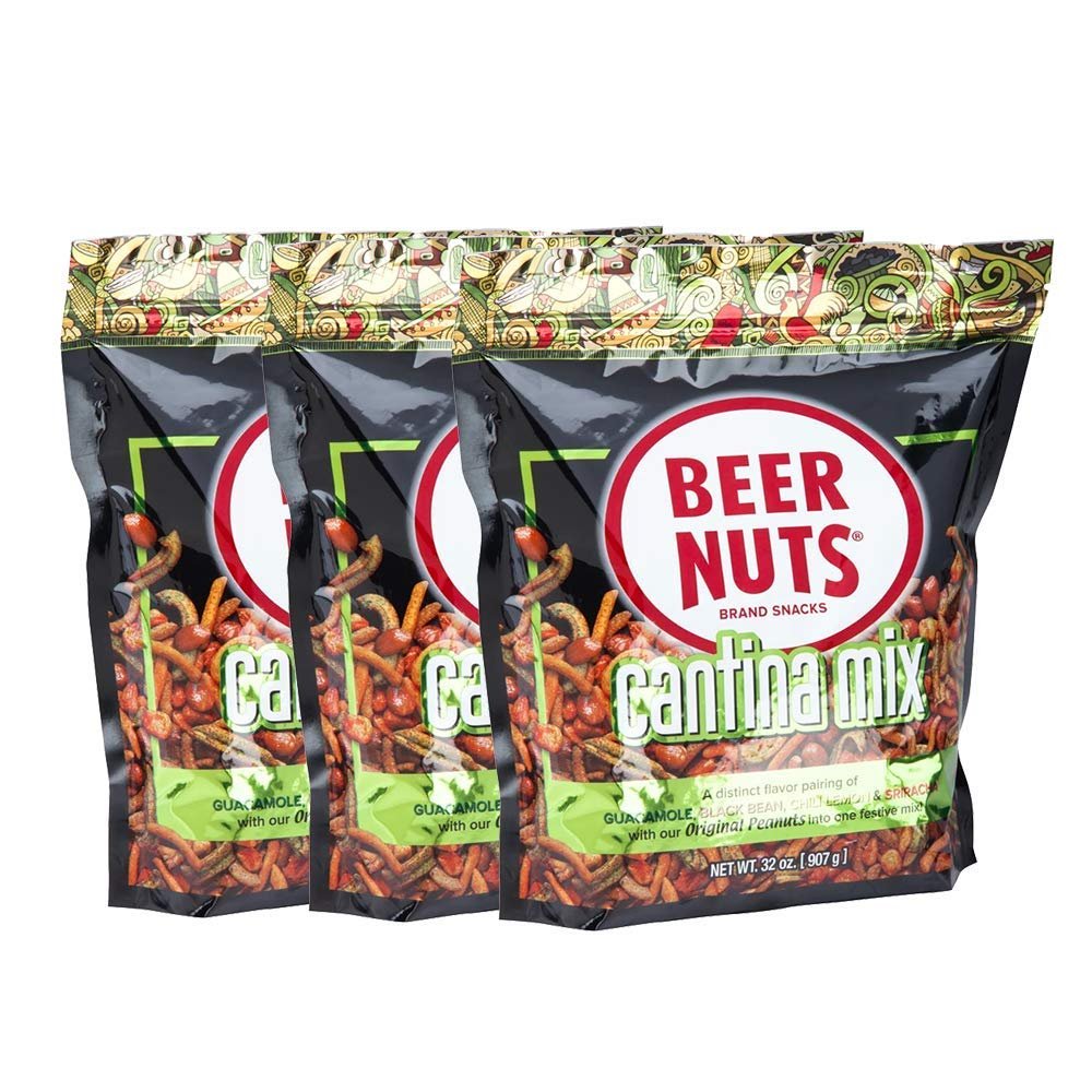 BEER NUTS Cantina Mix with Twang - Twang Seasoned Peanuts, Chili Lime Insane Grain, Guacamole & Habanero Sticks - 32oz Resealable Bag (Pack of 3)