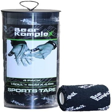 Bear KompleX - Athletic Sports Tape - Sweatproof, Breathable, Non-Slip Wrist Tape, Waterproof Breathable Grip Tape for Lifting, and Hook Grip - Hypoallergenic Latex Free - 4 or 12 Pack, (5 cm) - Black
