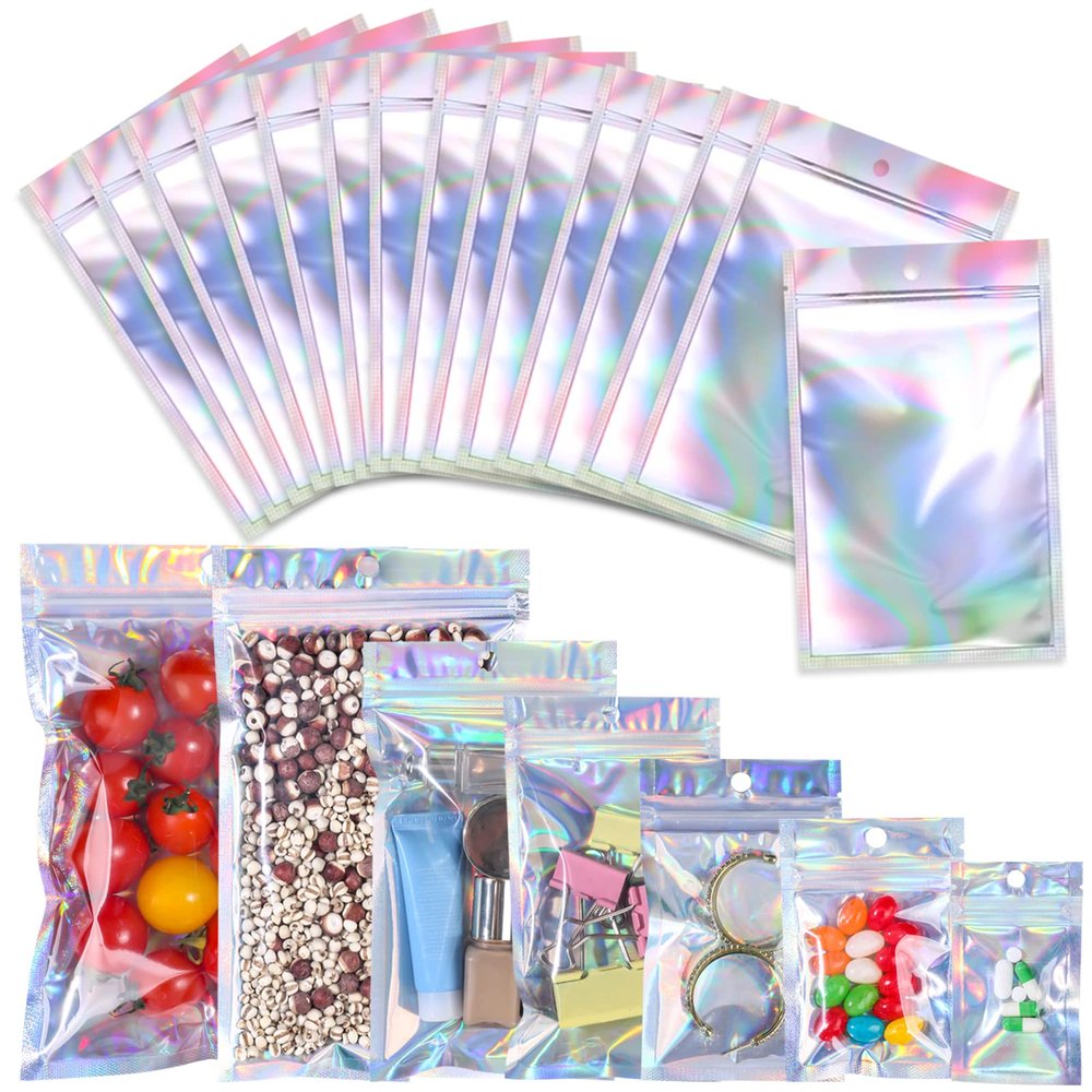 100 Pack Resealable Mylar Bags Smell Proof Pouch Aluminum Foil Packaging Plastic Ziplock Bag,Small Mylar Storage Bags For Candy,Jewelry,Screw,3x4.64inch,Holographic Rainbow Color