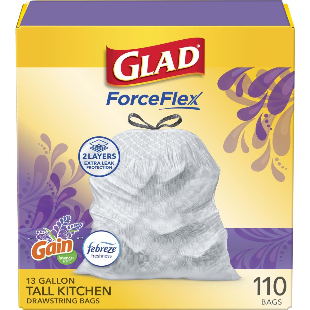 Glad ForceFlex Tall Kitchen Drawstring Trash Bags, 13 Gal, Gain Lavender, 110 Ct (Package May Vary)