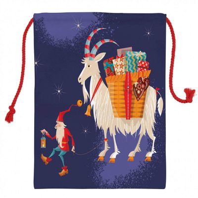 Ambesonne Scandinavian Christmas Gift Sack, Christmas with Present Carrying Goat Traditional Character, Santa Sack Bag Canvas Fabric for Gifts and Storage, 19.8" X 25.9", Navy Blue