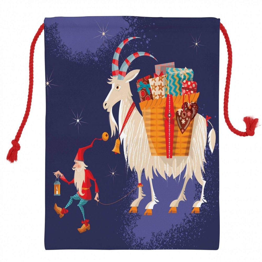 Ambesonne Scandinavian Christmas Gift Sack, Christmas with Present Carrying Goat Traditional Character, Santa Sack Bag Canvas Fabric for Gifts and Storage, 19.8" X 25.9", Navy Blue