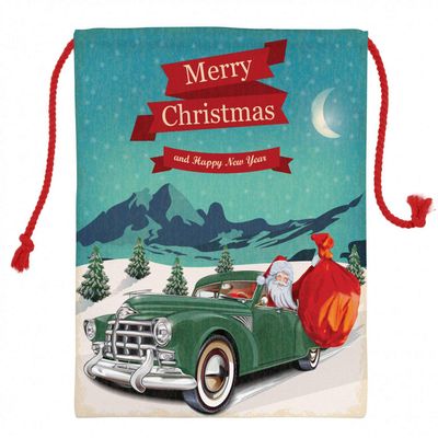 Ambesonne Christmas Christmas Gift Sack, Santa Claus in a Classic Car with Bag of Toys Snow Winter Starry Night New Year, Santa Sack Bag Canvas Fabric for Gifts and Storage, 19.8" X 25.9", Teal Red