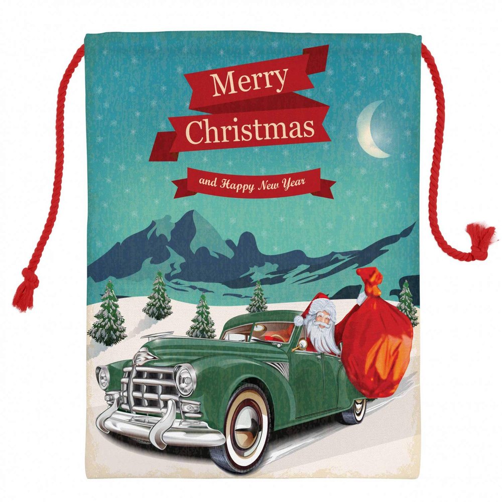 Ambesonne Christmas Christmas Gift Sack, Santa Claus in a Classic Car with Bag of Toys Snow Winter Starry Night New Year, Santa Sack Bag Canvas Fabric for Gifts and Storage, 19.8" X 25.9", Teal Red
