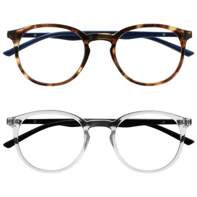 OPULIZE MET Blue Light Blocking Reading Glasses for Women Men, Slim Round Frame with Scratch Resistant and Spring Hinges, Computer Glasses with Anti-Reflective, Brown,Clear +2 (Pack of 2)