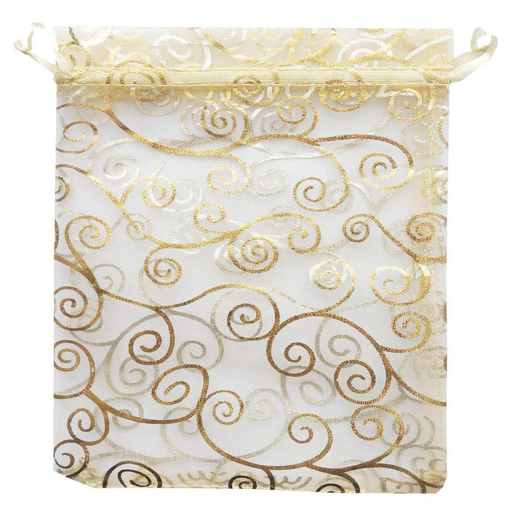 100 Pcs 5x7 inch Gift Wrap Bags Gold Rattan, Organza Sheer Clear Tulle Fabric, Drawstring Mesh Bags for Baby Shower Favor, Jewelry, Birthday Party Favor,Sachet,Christmas Favour,Craft Business,Jewelery