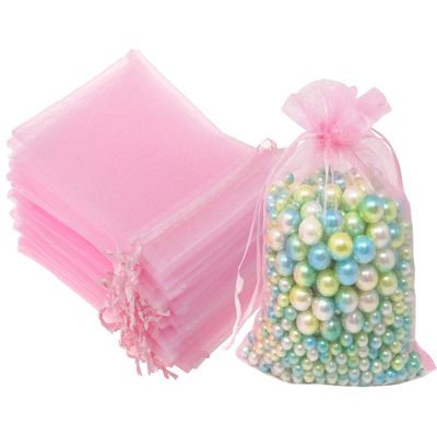 100 Pcs 5x7 inches Gift Wrap Bags Pink, Organza Sheer See Through Fabric, Drawstring Satin Ribbon Pouches for Baby Shower Favor, Party Wedding Favors Decoration, Card Deck, Jewelery, Boys Holiday Gift