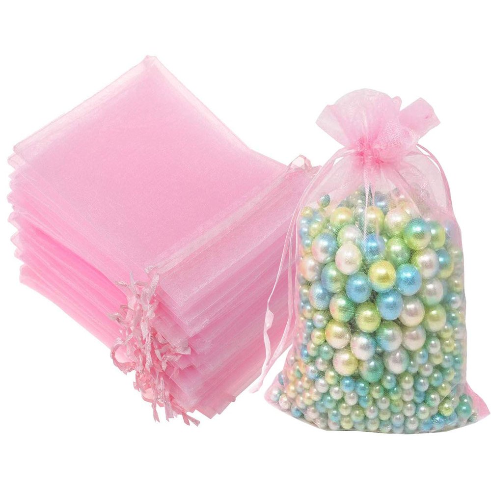 100 Pcs 5x7 inches Gift Wrap Bags Pink, Organza Sheer See Through Fabric, Drawstring Satin Ribbon Pouches for Baby Shower Favor, Party Wedding Favors Decoration, Card Deck, Jewelery, Boys Holiday Gift