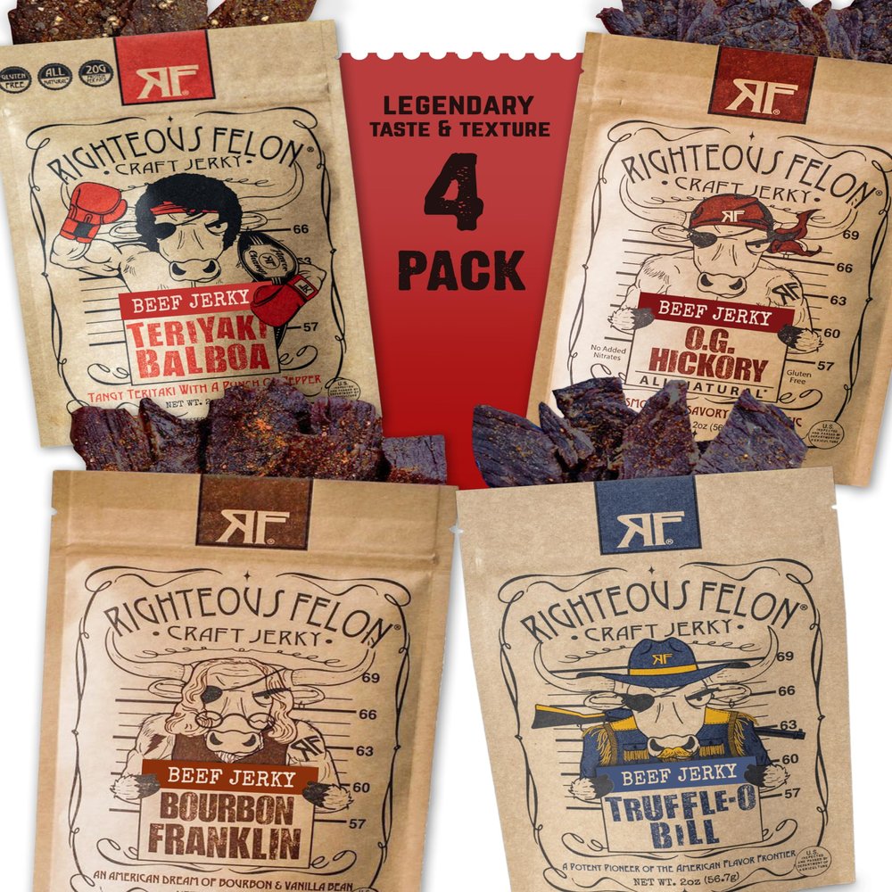 Righteous Felon Beef Jerky Variety Pack | Gluten Free Snack Packs for Adults | High Protein, Keto, Low Sugar | Made with Premium Meats | Valentines Day Gifts for Men | Savory Jerky 4 Pack