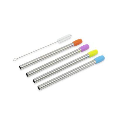 5 Pc Jumbo Stainless Steel Straws W/Cleaning Brush