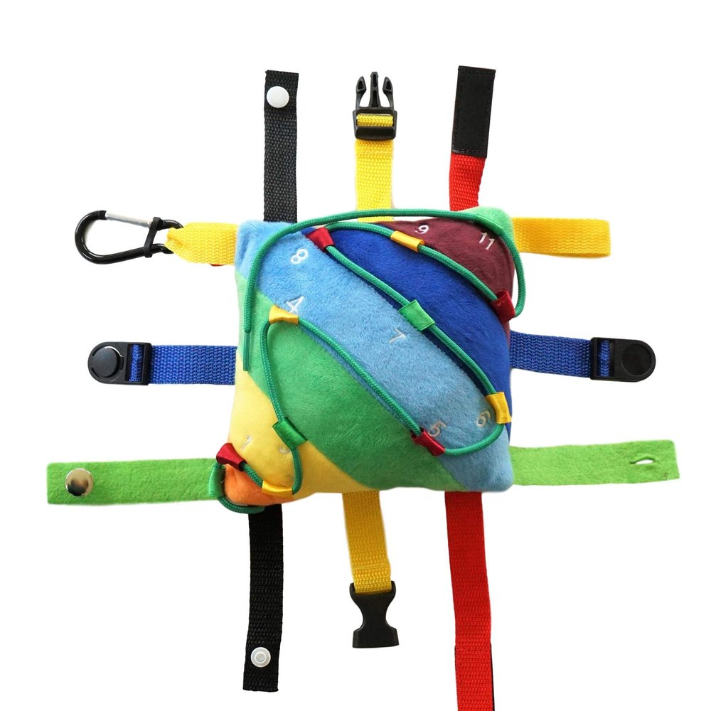 SENSORY4U Buckle Pillow Sensory Fine Motor Development Toy Activity Plushie - OT Therapy Tool Threading Counting Latches Zipper Skills