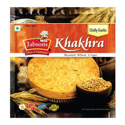 Jabsons Roasted Chilly Garlic Khakhra | 100% Roasted Traditional Indian Tea Time Diet Thins Snack | Gujarati Snacks Flatbread Made in Cottonseed Oil Perfect for Healthy Snacks 180 gm (Pack of 1)