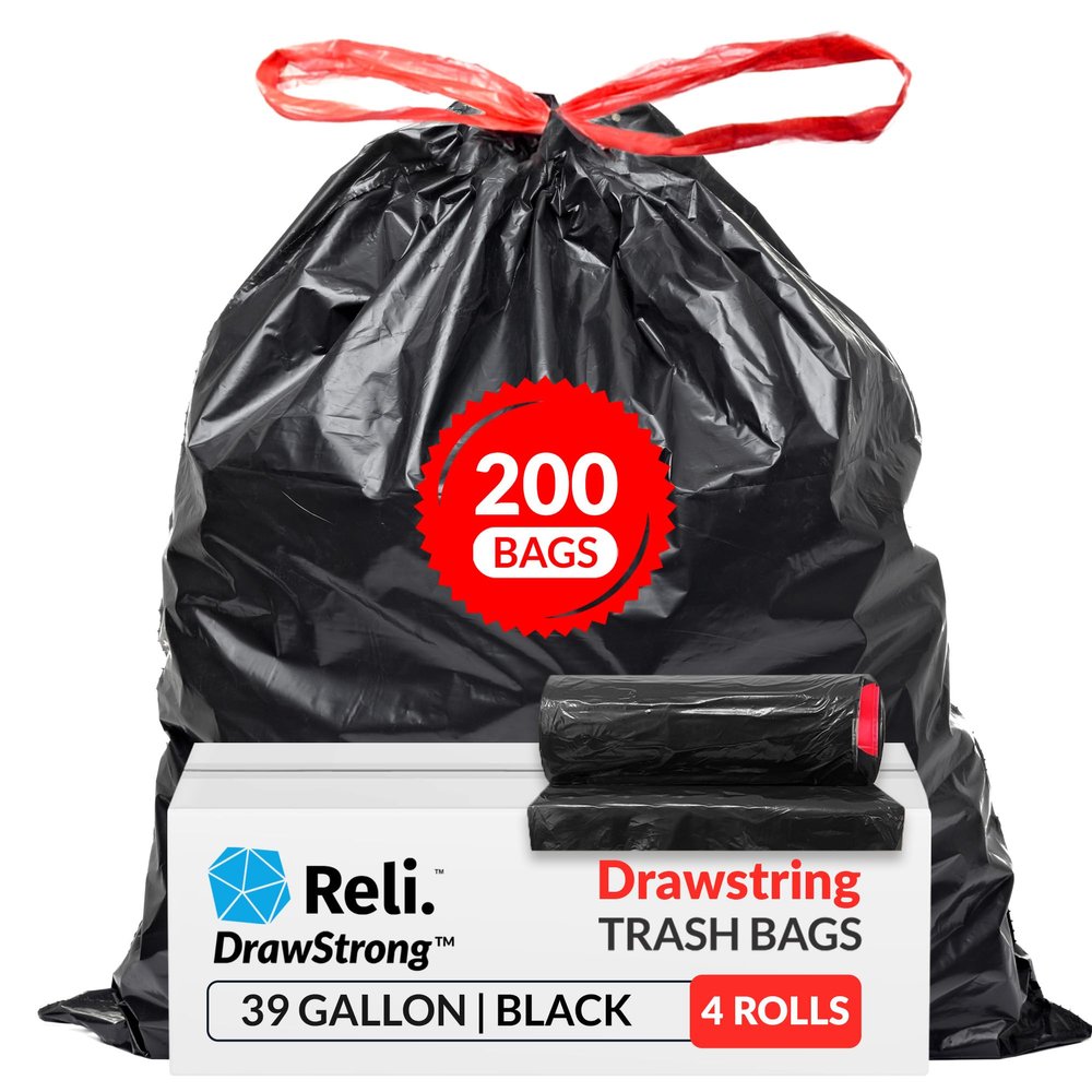 Reli. 39 Gallon Trash Bags Drawstring (200 Count Bulk) Large 39 Gallon Heavy Duty Drawstring Trash Bags - Black Garbage 39Gal Capacity, Lawn Leaf (39Gal)