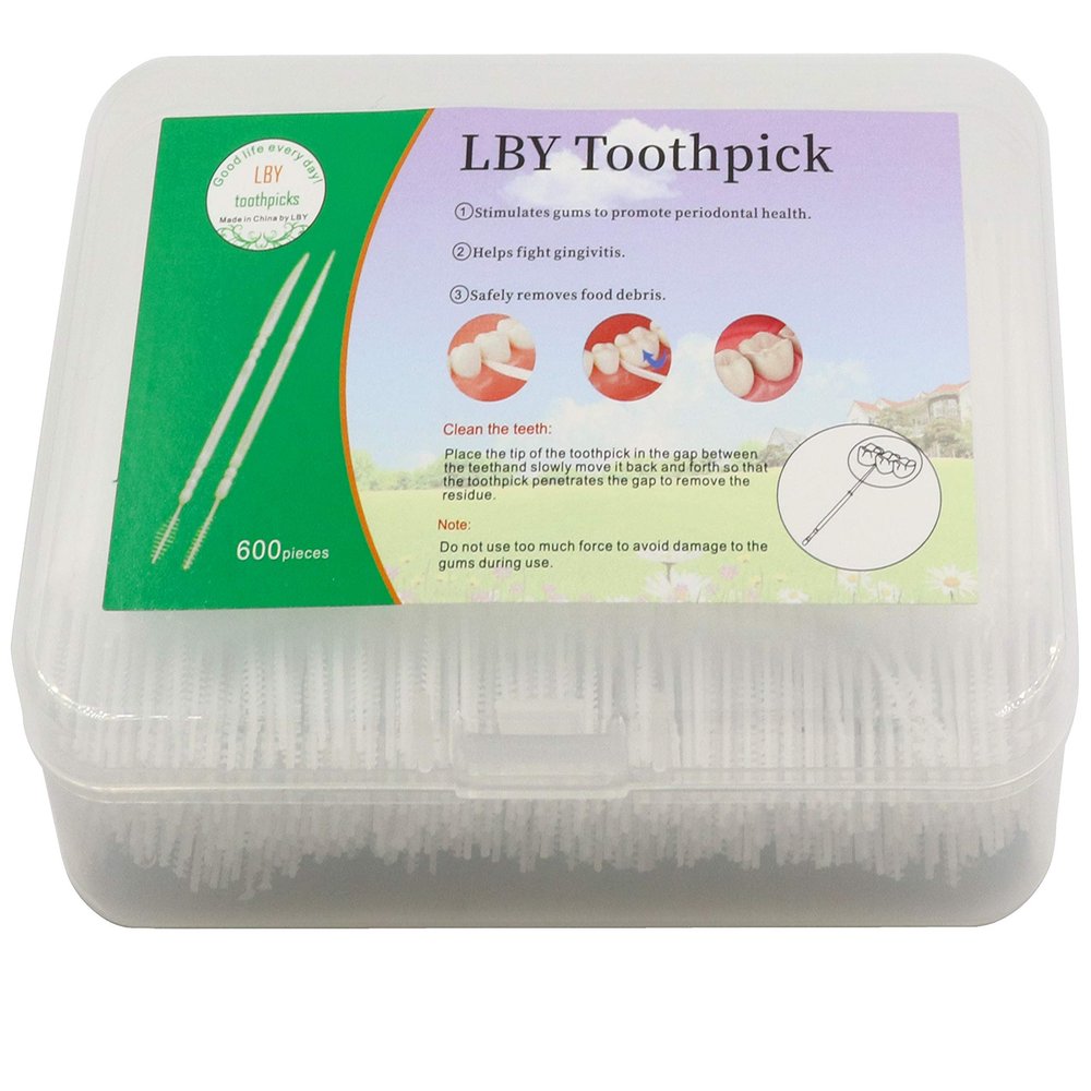 LBY 600pcs Plastic Toothpicks, Interdental Toothpicks with Curved Blade and Brush Shape, Teeth Cleaning Tools, Plastic (White )