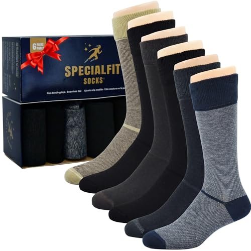 Diabetic socks for men 9-12, Non binding socks men, Extra Wide Socks for Comfort, Style and Health, Dark Stripes, 6 Pairs