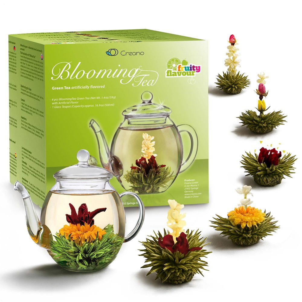 Creano Blooming Tea Gift Set with Glass Teapot 17oz (500ml) - Green Tea Fruity Flavoured Tea Flowers in 6 Varieties - Flowering Tea Gift for Easter