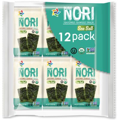 KIMNORI Organic Roasted Seaweed Snack  Sea Salt Seasoned Nori Sheets  Gluten-Free, Non-GMO & Kosher Healthy Snacks  Premium Made in USA  12 Pack (4g Each)