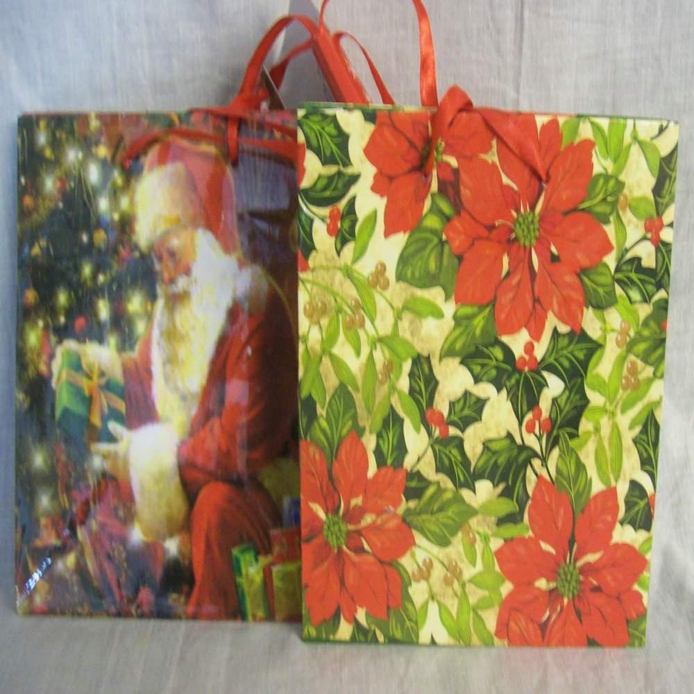 10 Christmas Gift Bags Santa Claus and Poinsettias 5.5" x 5.5" x 3"