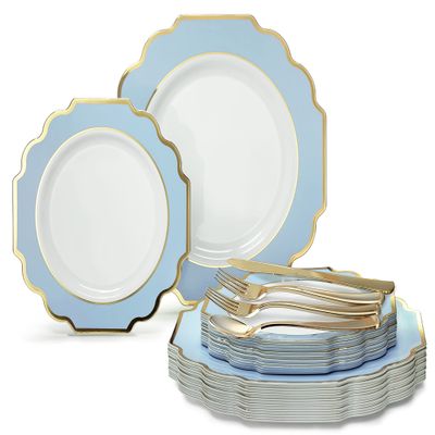 " OCCASIONS " 150 Piece set (25 Guests)-Wedding Plastic Plates & cutlery -Disposable heavyweight Dinnerware 10.5'', 8'' + Silverware w/double fork (Imperial in White/Blue & Gold)