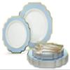 " OCCASIONS " 150 Piece set (25 Guests)-Wedding Plastic Plates & cutlery -Disposable heavyweight Dinnerware 10.5'', 8'' + Silverware w/double fork (Imperial in White/Blue & Gold) view 1