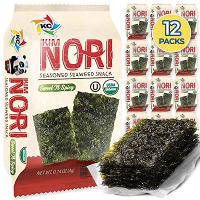 KIMNORI Seasoned Seaweed Snacks Sheets  Organic Sweet 'N Spicy Flavor, 12 Individual Packs, Roasted Crispy Premium 100% Natural Laver Kim Nori, 4g 0.14 Ounce
