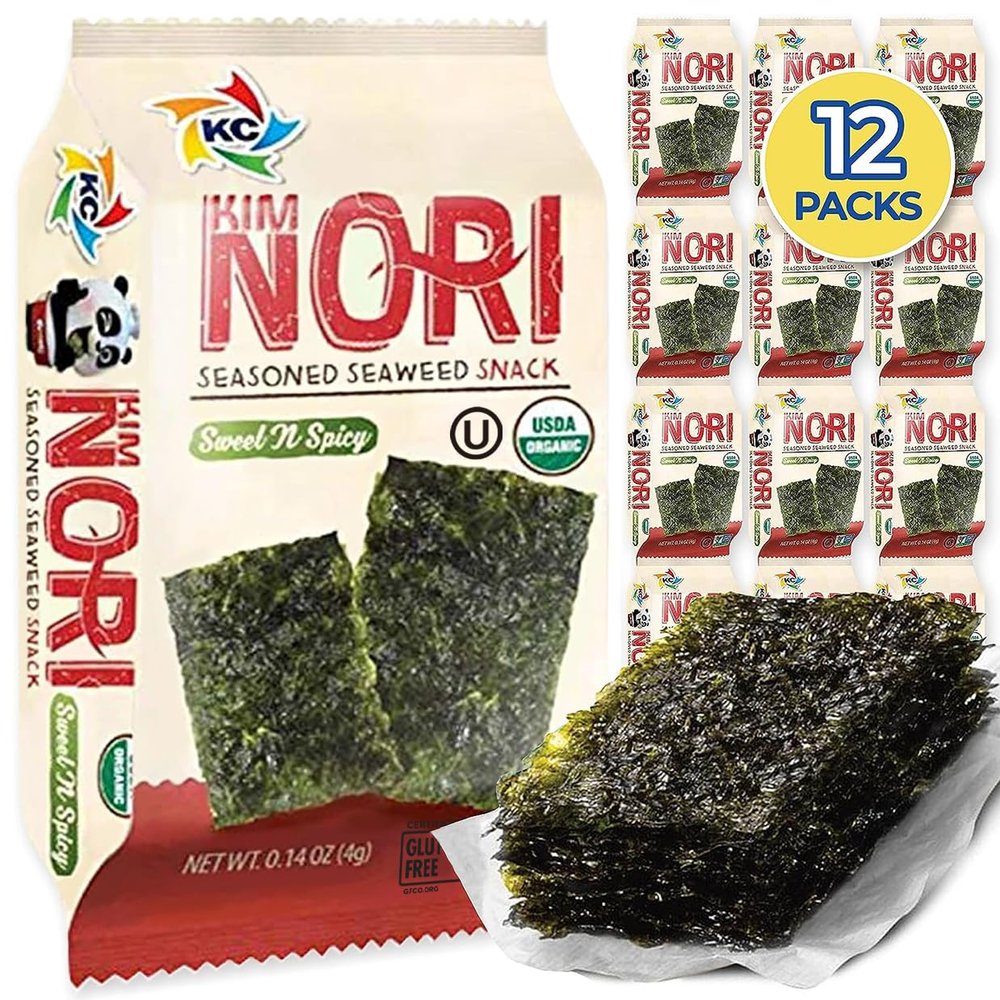 KIMNORI Seasoned Seaweed Snacks Sheets  Organic Sweet 'N Spicy Flavor, 12 Individual Packs, Roasted Crispy Premium 100% Natural Laver Kim Nori, 4g 0.14 Ounce