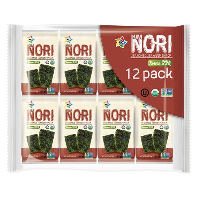 KIMNORI Seasoned Seaweed Snacks Sheets  Organic Korean BBQ Flavor, 12 Individual Packs, Roasted Crispy Premium 100% Natural Laver Kim Nori, 4g 0.14 Ounce