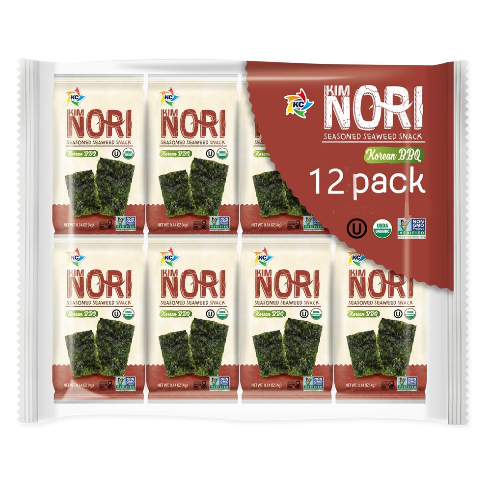 KIMNORI Seasoned Seaweed Snacks Sheets  Organic Korean BBQ Flavor, 12 Individual Packs, Roasted Crispy Premium 100% Natural Laver Kim Nori, 4g 0.14 Ounce