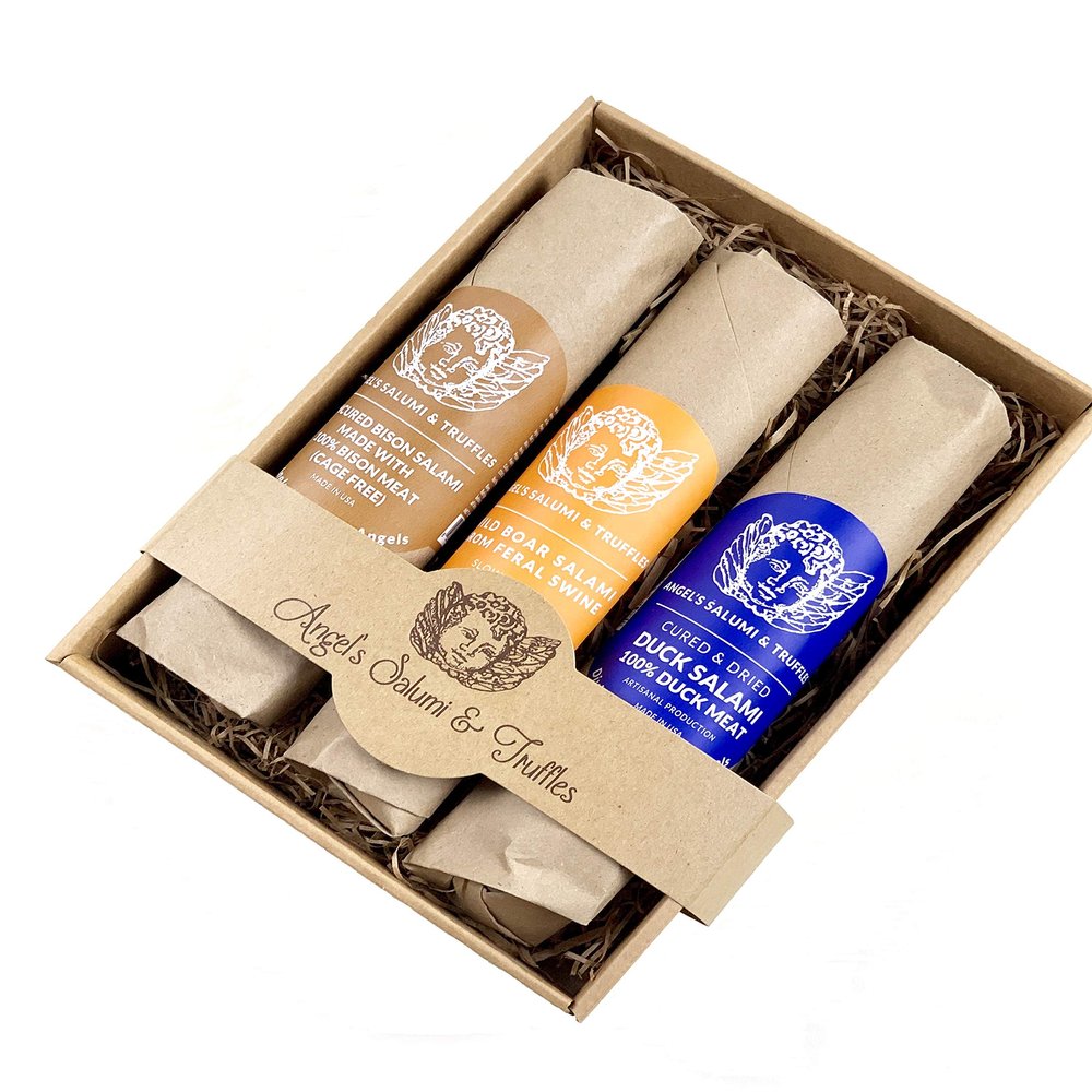 Angel Salumi Exotic Game Salami Crate - Salami Gift Box with Bison, Wild Boar , Duck Salami - Gourmet Salami - Option 3