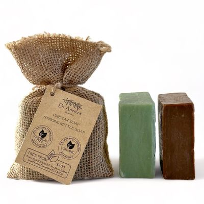 Dr.Ancient Stinging Nettle & Pine Tar Soap Bar Set (2-Pack) Organic Handmade Vegan Soap Bars, Natural Chemical-Free, Deep Cleansing Gentle Cleanser for Face & Body