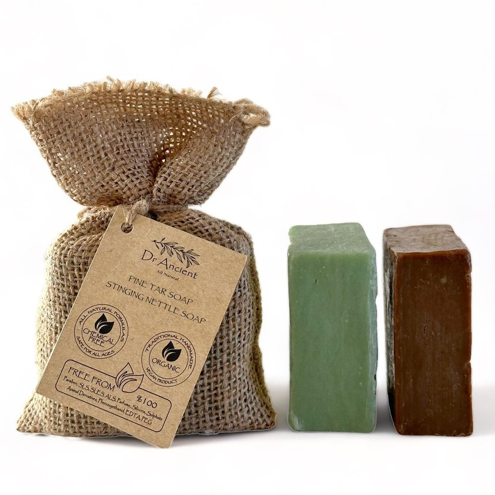 Dr.Ancient Stinging Nettle & Pine Tar Soap Bar Set (2-Pack) Organic Handmade Vegan Soap Bars, Natural Chemical-Free, Deep Cleansing Gentle Cleanser for Face & Body