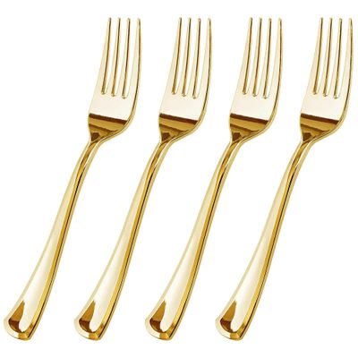 100 Gold Plastic Disposable Forks - Fancy & Heavy-Duty Silverware | High Durable & Disposable Soup Forks 6.9 Inch for Party, Wedding, Occasion