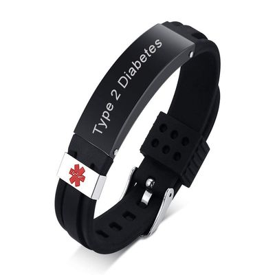 Hisatan Free Engraving Medical Alert ID Bracelets Adjustable Silicone Silicon and Stainless Steel Emergency Wristband for Men and Women, Type 2 Diabetes