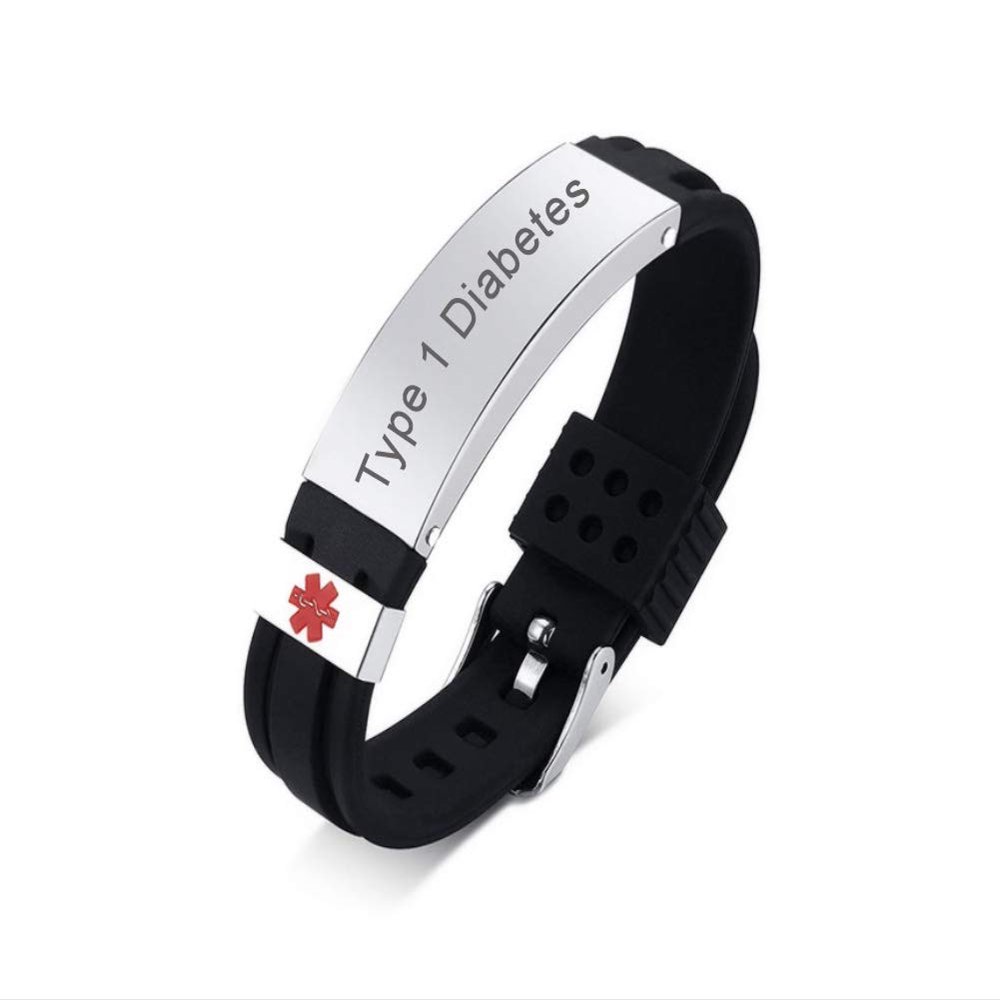 Hisatan Free Engraving Medical Alert ID Bracelets Adjustable Silicone Silicon and Stainless Steel Emergency Wristband for Men and Women, Type 1 Diabetes
