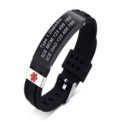 Hisatan Free Engraving Medical Alert ID Bracelets Adjustable Silicone Silicon and Stainless Steel Emergency Wristband for Men and Women, Customize