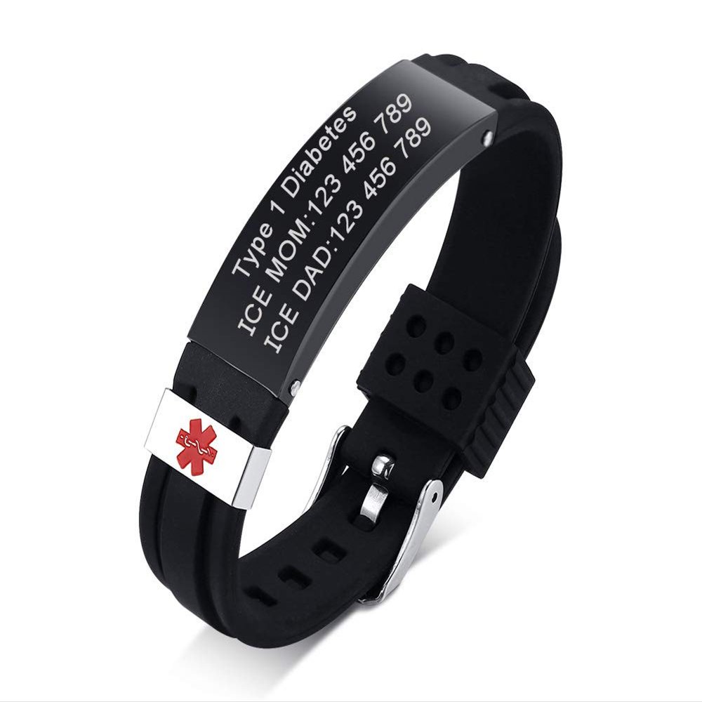Hisatan Free Engraving Medical Alert ID Bracelets Adjustable Silicone Silicon and Stainless Steel Emergency Wristband for Men and Women, Customize